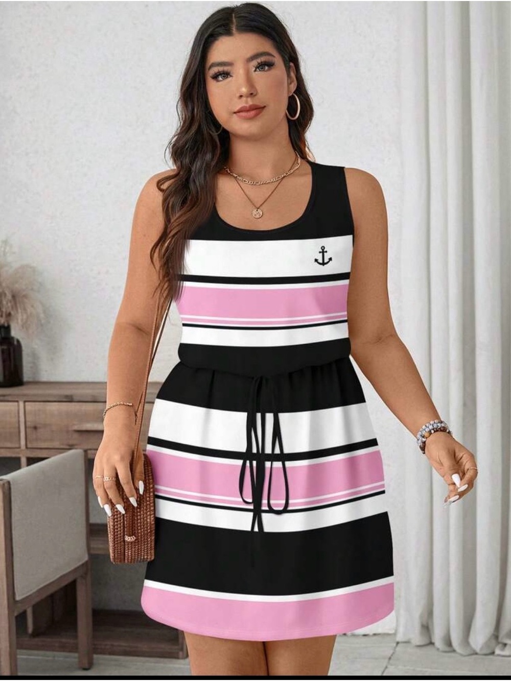 Striped Tank Dress with Anchor Detail - Pink, Black & White